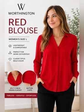 Worthington Red Blouse Womens L Long Sleeve Split Neck Career Office Top